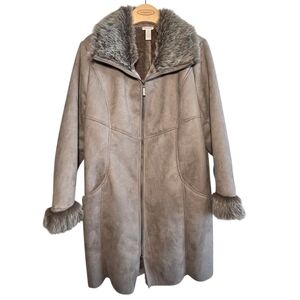 Chico's Gray Faux Suede Fur Longline Winter Coat Sz 3/XL/16 Classic Elegant Chic